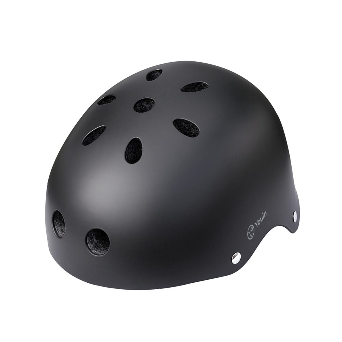 Un casco negro mate con múltiples orificios de ventilación y el logotipo 'Youin'. Aislado sobre un fondo blanco. Es un casco de protección.