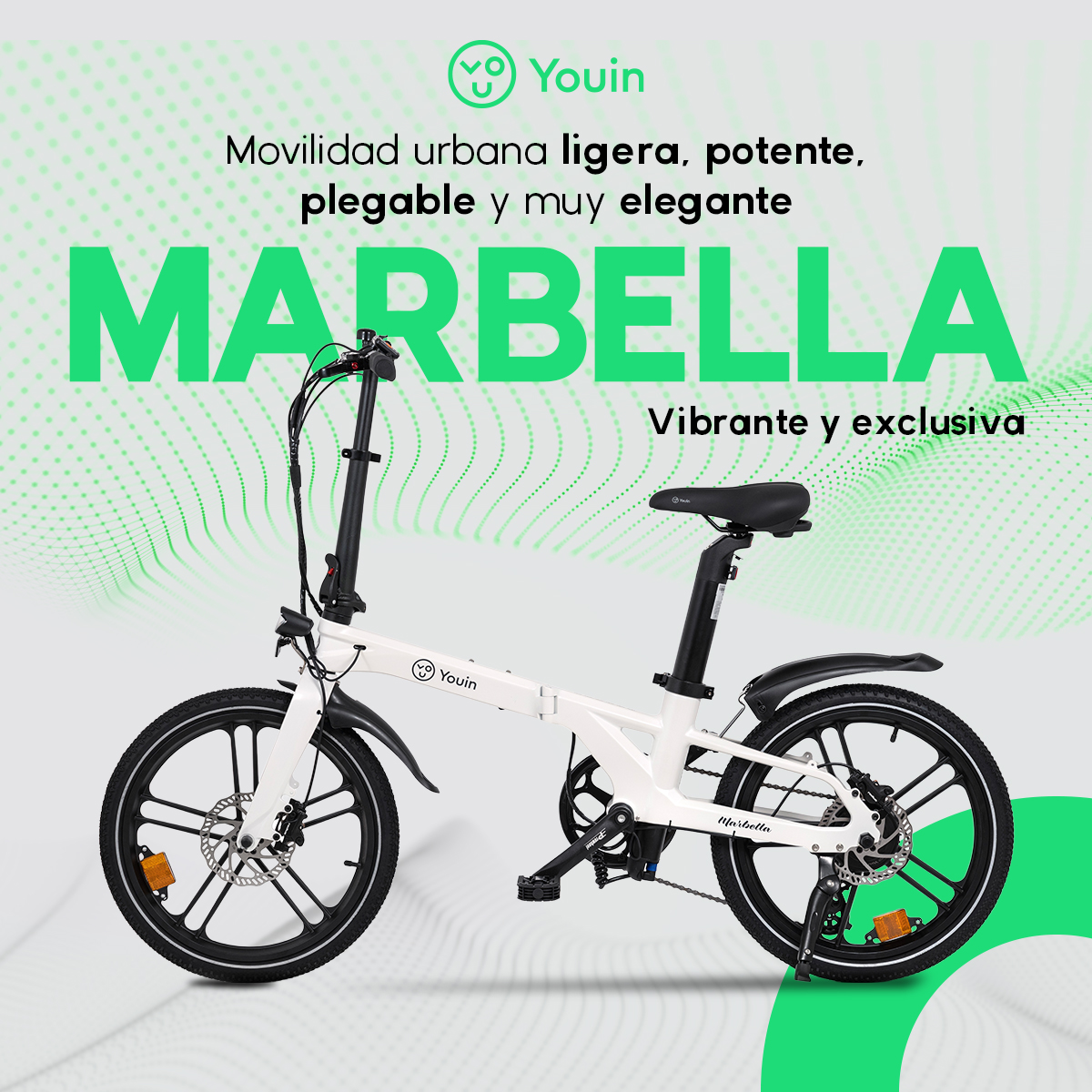 Bicicleta plegable Marbella blanca. Fondo verde y blanco con texto: Marbella, Movilidad urbana ligera, plegable y muy elegante, Youin.