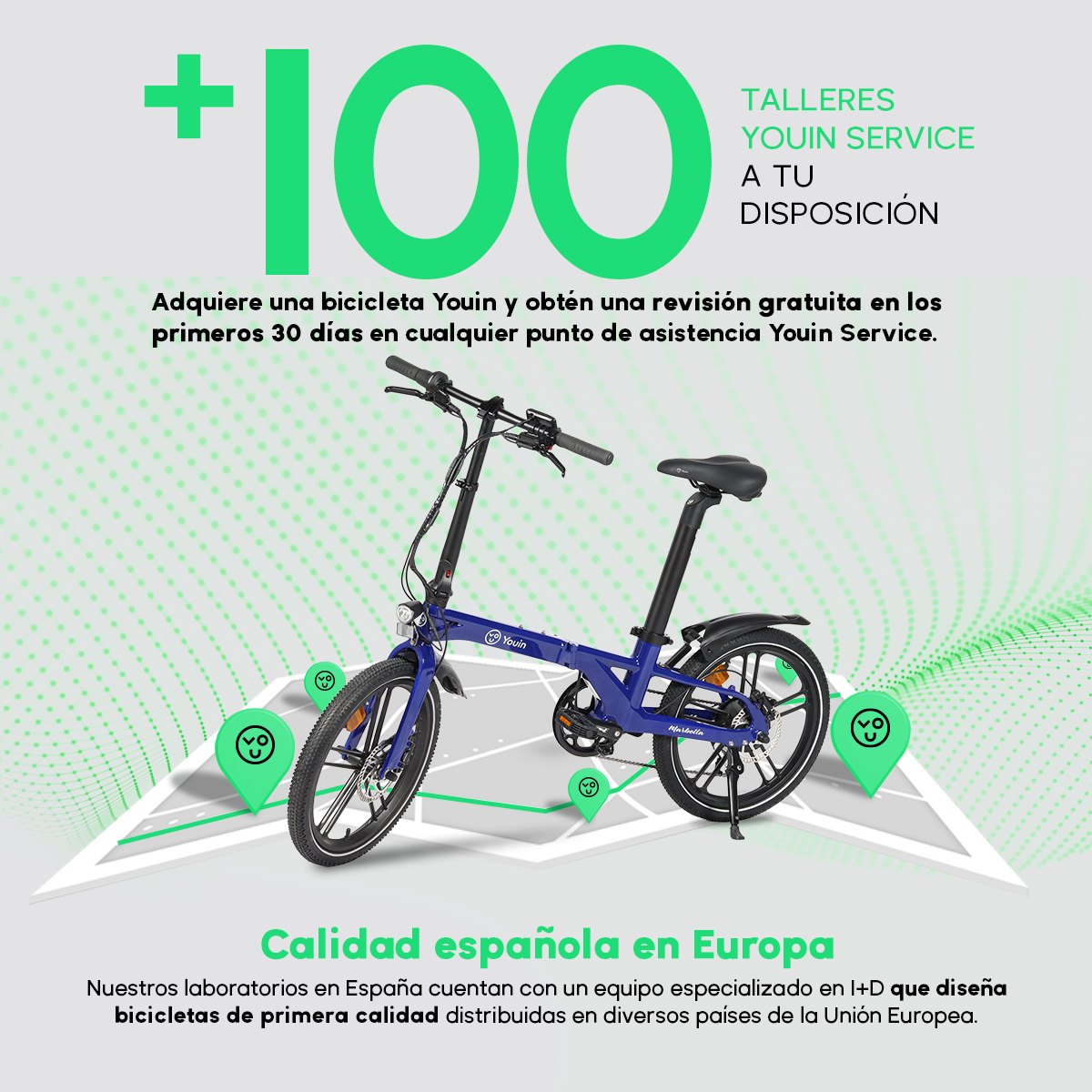 Bicicleta Youin azul sobre superficie blanca. Acentos verdes y texto promocionan ubicaciones de servicio y calidad española en Europa.