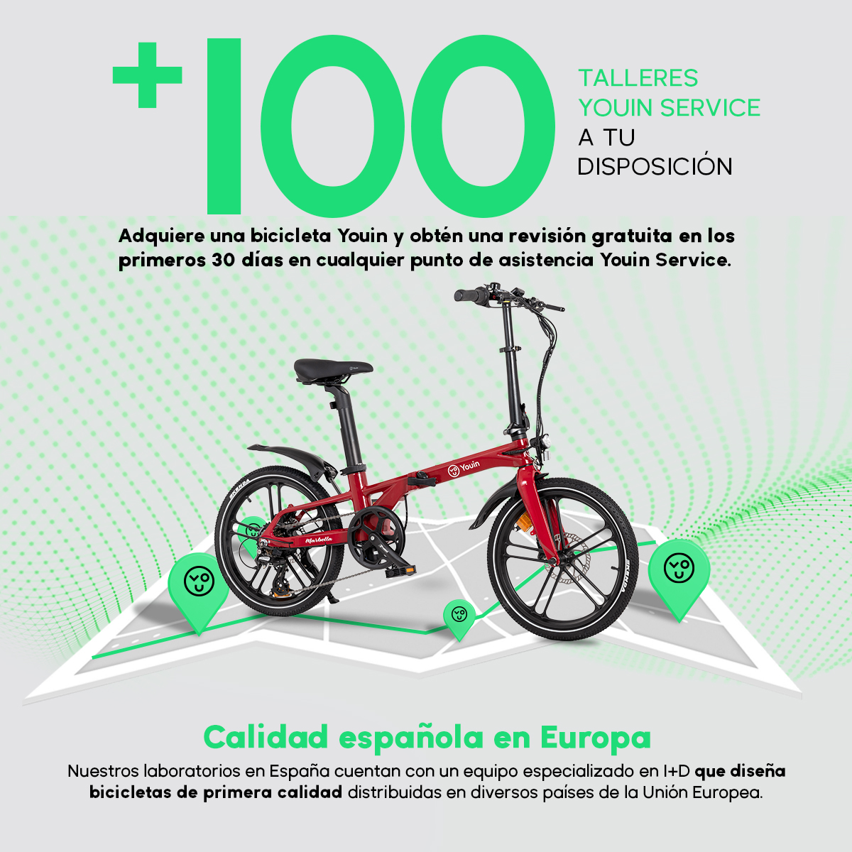 Bicicletta pieghevole Youin rossa su grafica mappa. Testo: '+100' e 'Youin Service'. Offre revisione gratuita.