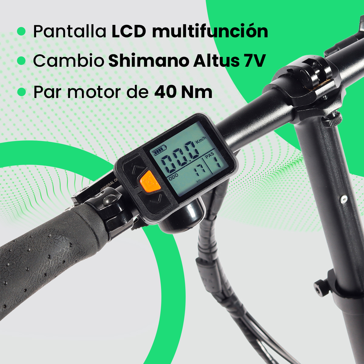 Primer plano del manillar de una bicicleta con pantalla LCD que muestra velocidad y distancia. Esquema de colores negro y gris.