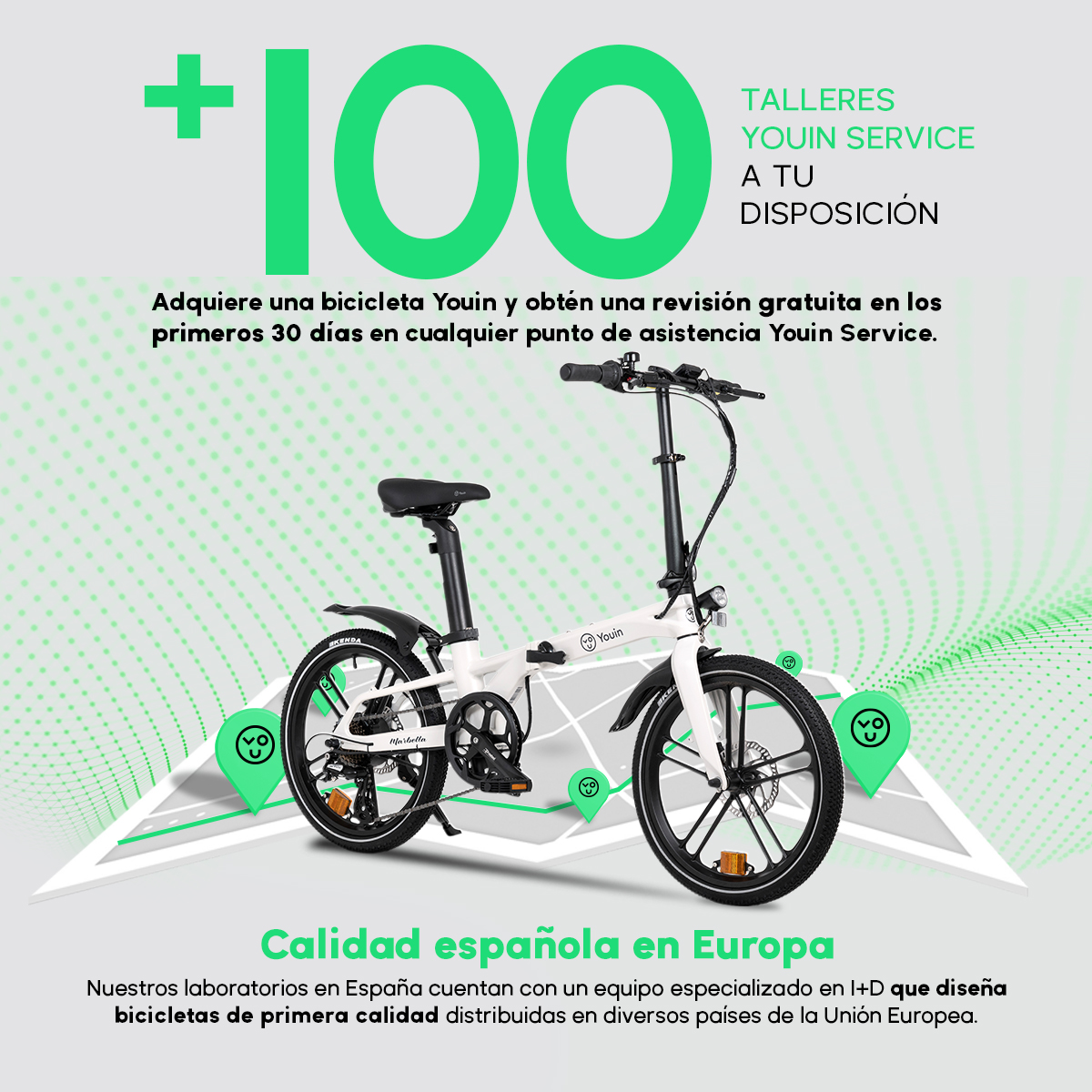 Bicicleta plegable Youin blanca con detalles negros. Texto verde '+100', texto español y marcadores en un fondo verde claro.