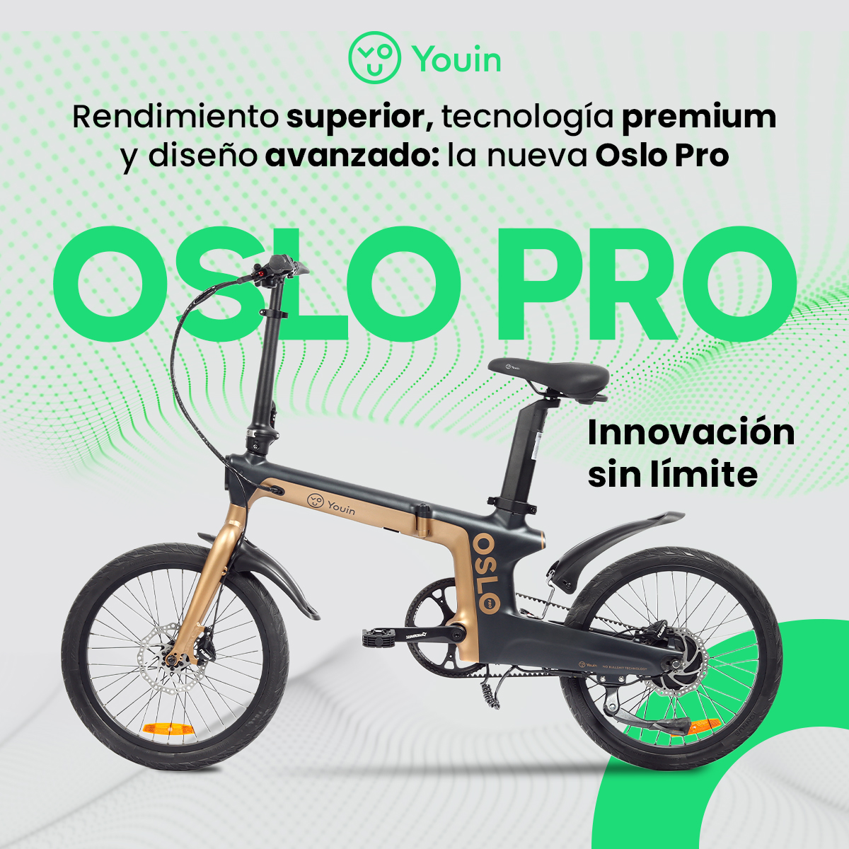 Se muestra una bicicleta plegable negra y dorada con el nombre 'Oslo Pro'. El texto dice 'rendimiento superior, tecnología premium y diseño avanzado'.