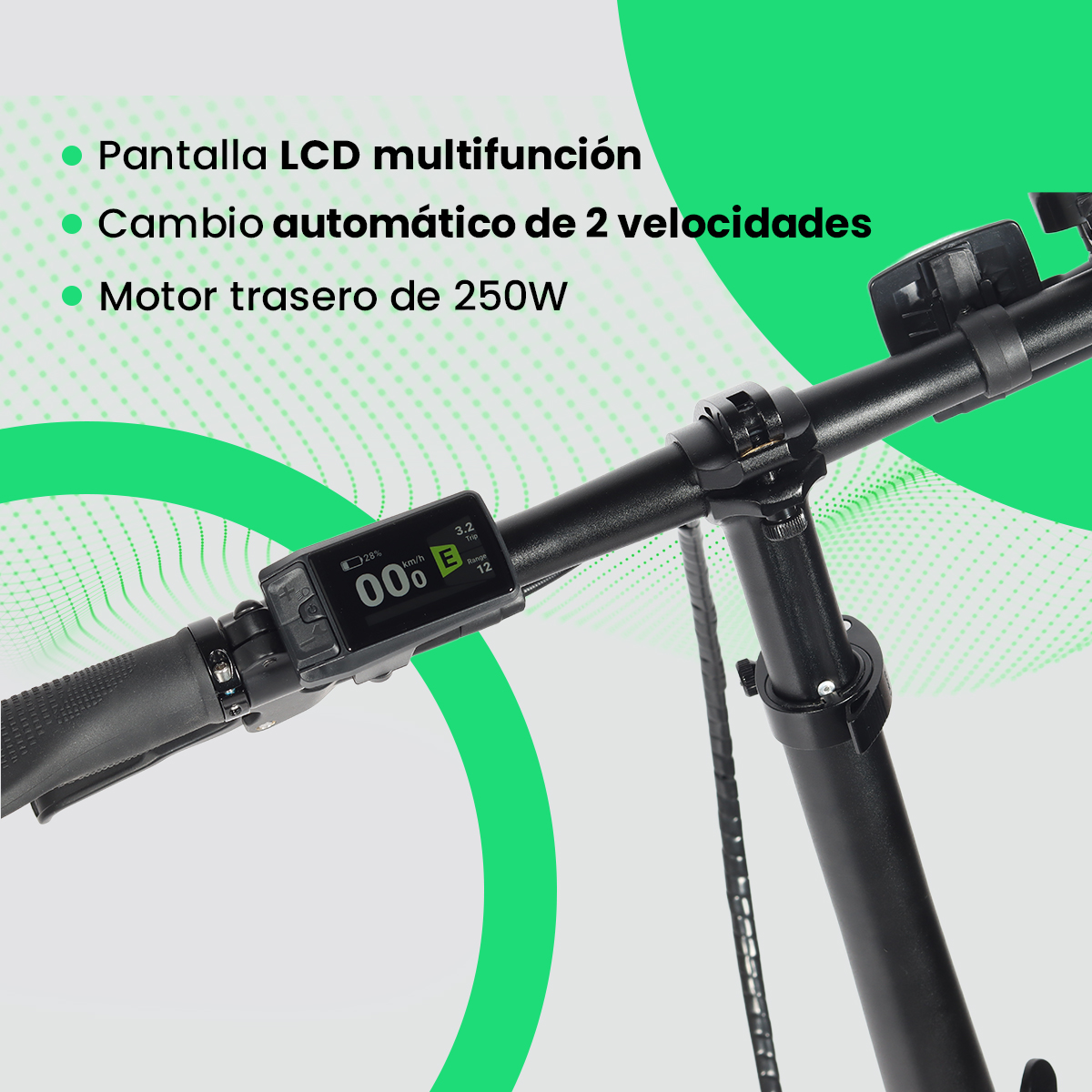 Manillar de patinete eléctrico con pantalla LCD, muestra velocidad y batería. Acentos verdes con texto sobre características.