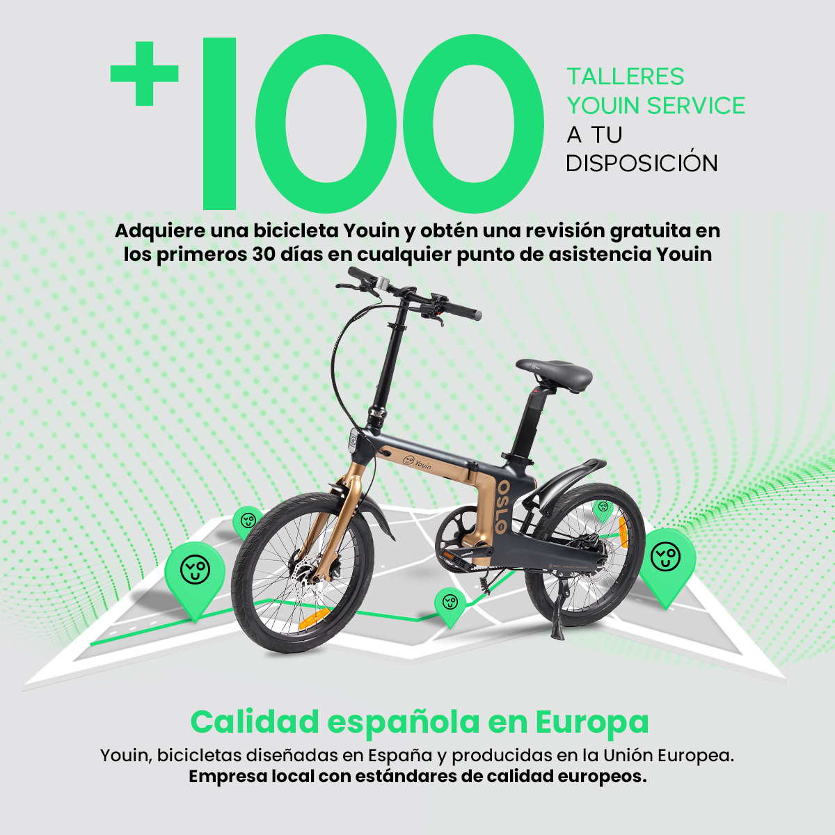 Una bicicleta Youin dorada y negra en un mapa con iconos verdes. El texto dice servicio Youin y calidad española.
