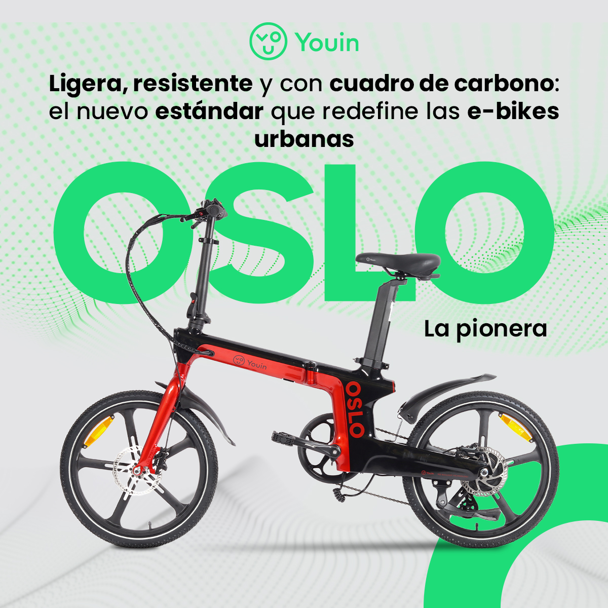 Bicicleta eléctrica Youin Oslo roja y negra. Fondo verde con texto. La bicicleta está plegada.