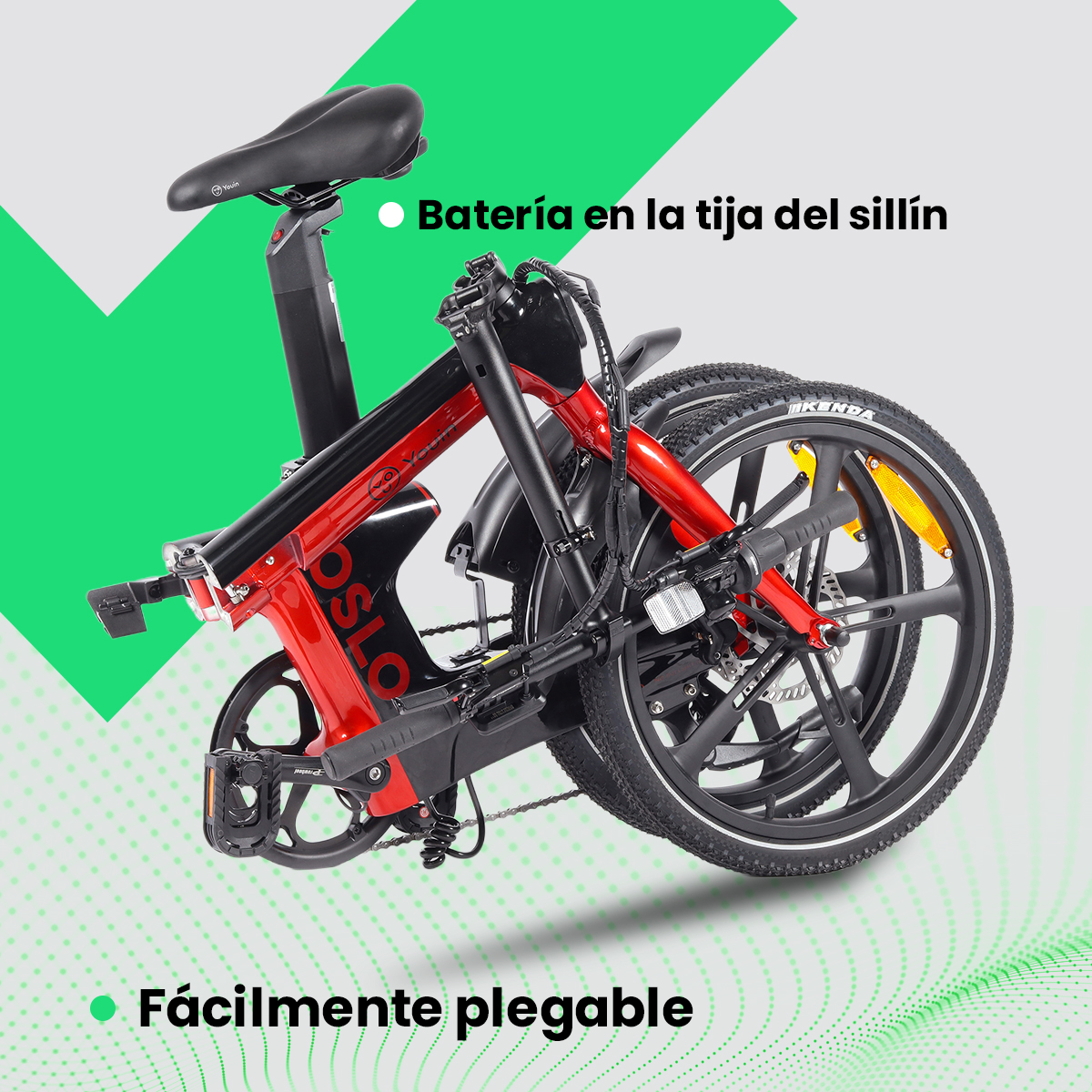 Bicicleta eléctrica plegable roja y negra. La bicicleta está plegada. El texto dice 'Fácilmente plegable' y 'Batería en la tija del sillín'.
