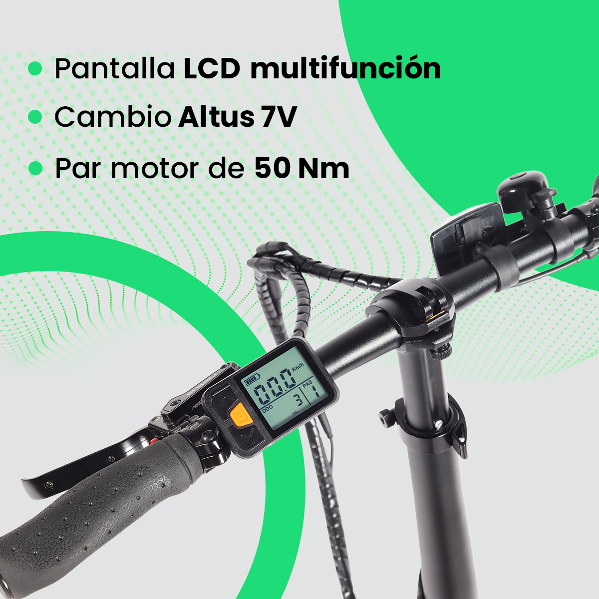 Primer plano del manillar de un patinete eléctrico con pantalla digital que muestra 00,0 km/h y PAS 1. La pantalla es negra con botones naranjas.