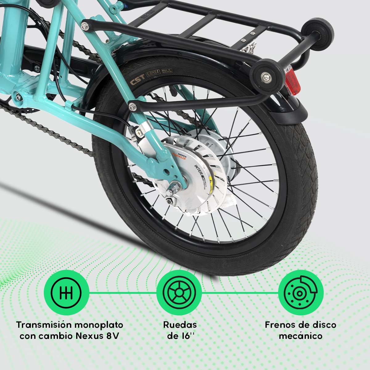 Rueda trasera de bici turquesa, portaequipajes negro, neumático y freno de disco. Texto: transmisión monoplato, ruedas 16".