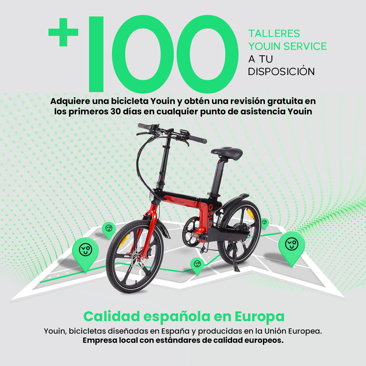 Bicicleta Youin roja y negra sobre un mapa. El texto dice servicio Youin, +100 y calidad española en Europa.