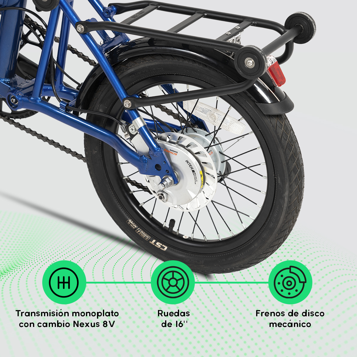 Rueda trasera de bicicleta azul con neumático negro y portaequipajes. Características: Nexus 8V, ruedas de 16" y frenos de disco mecánicos.