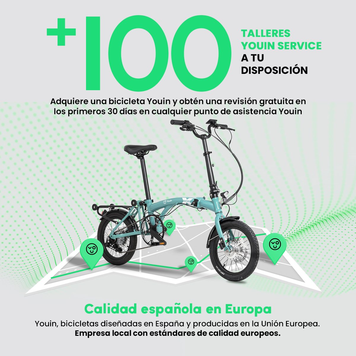 Una bicicleta Youin verde azulado se muestra con un gráfico de más 100. El texto promociona el servicio Youin y la calidad española en Europa.