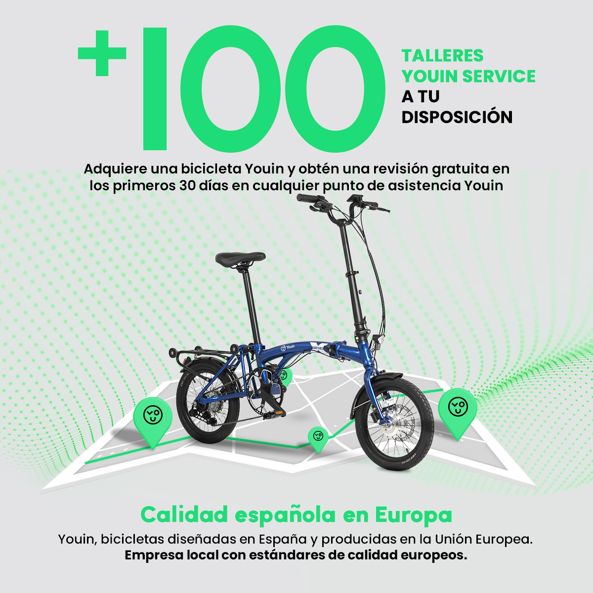 Bicicleta plegable Youin azul. Texto: +100, Youin Service, Calidad española en Europa. Marcadores de ubicación verdes.