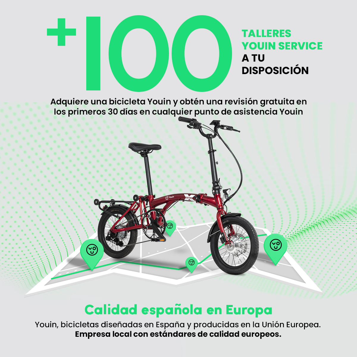Bicicleta plegable Youin roja con gráficos verdes. El texto dice +100, talleres y calidad en Europa. Fondo blanco y verde.