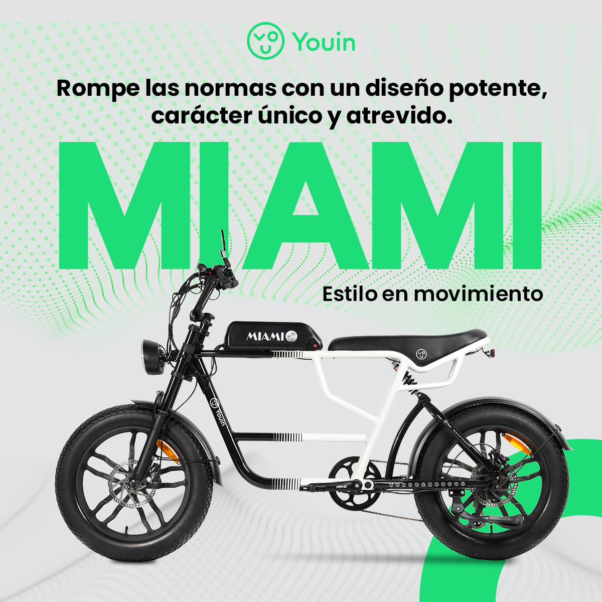 Bicicleta eléctrica Miami en blanco y negro. El texto dice: "Rompe las normas con un diseño potente, carácter único y atrevido." y "Estilo en movimiento."
