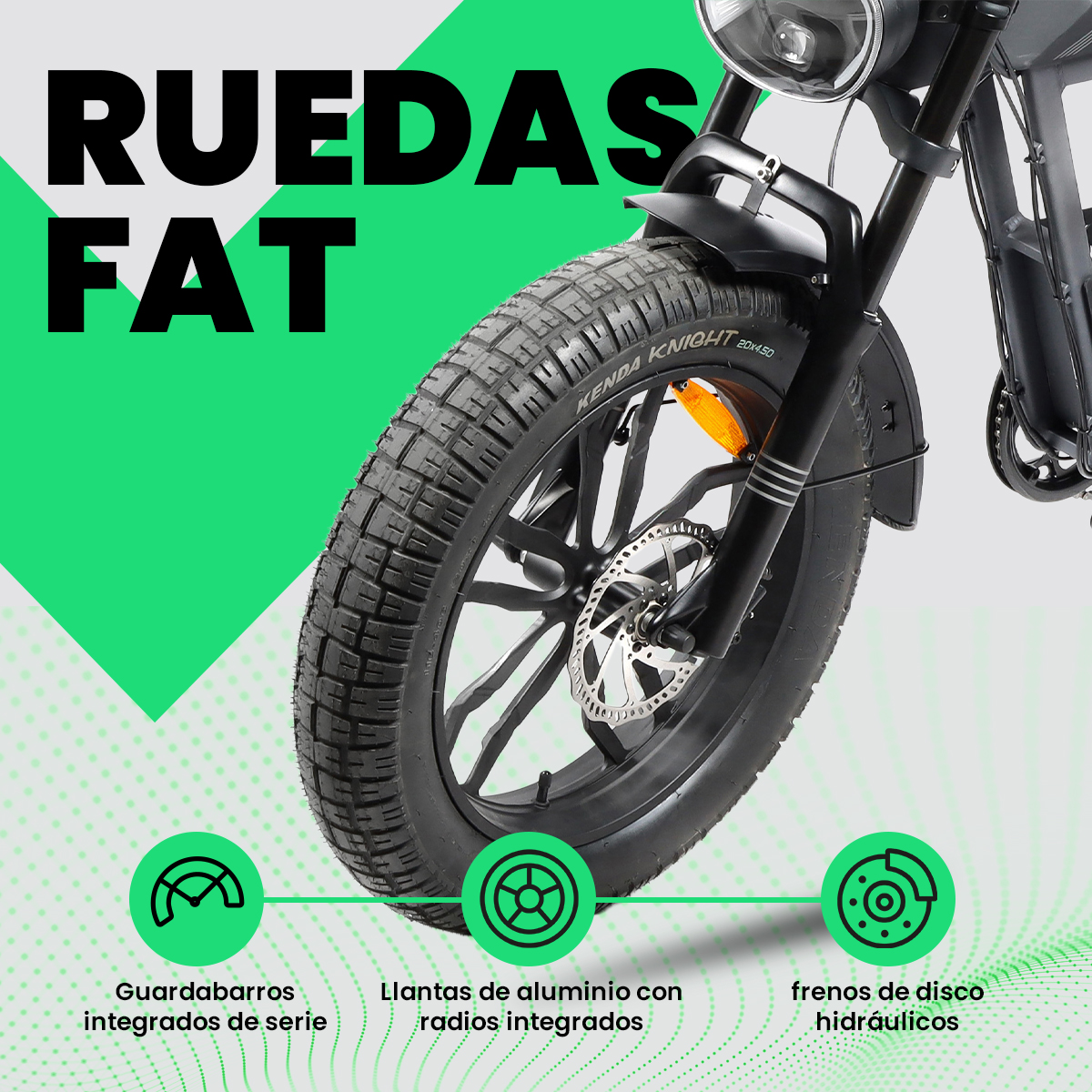 Rueda de bicicleta de llanta ancha negra con el texto "RUEDAS FAT". Incluye frenos de disco y guardabarros integrados.