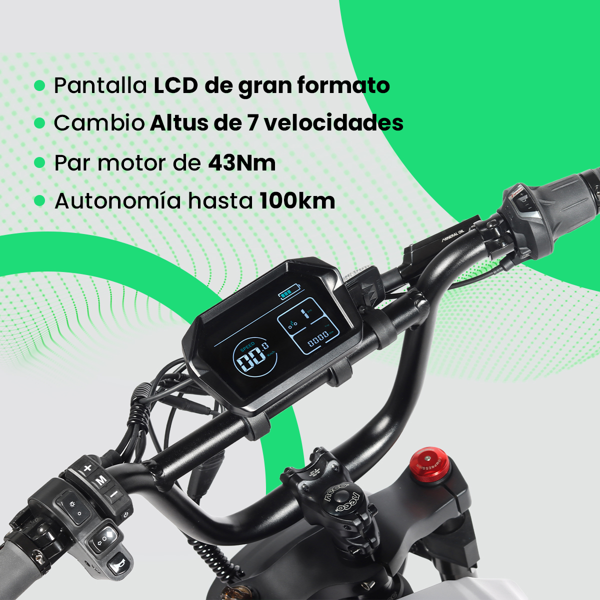 Primer plano del manillar de una bicicleta eléctrica con pantalla LCD. Barras negras, botón rojo y botones de control visibles.