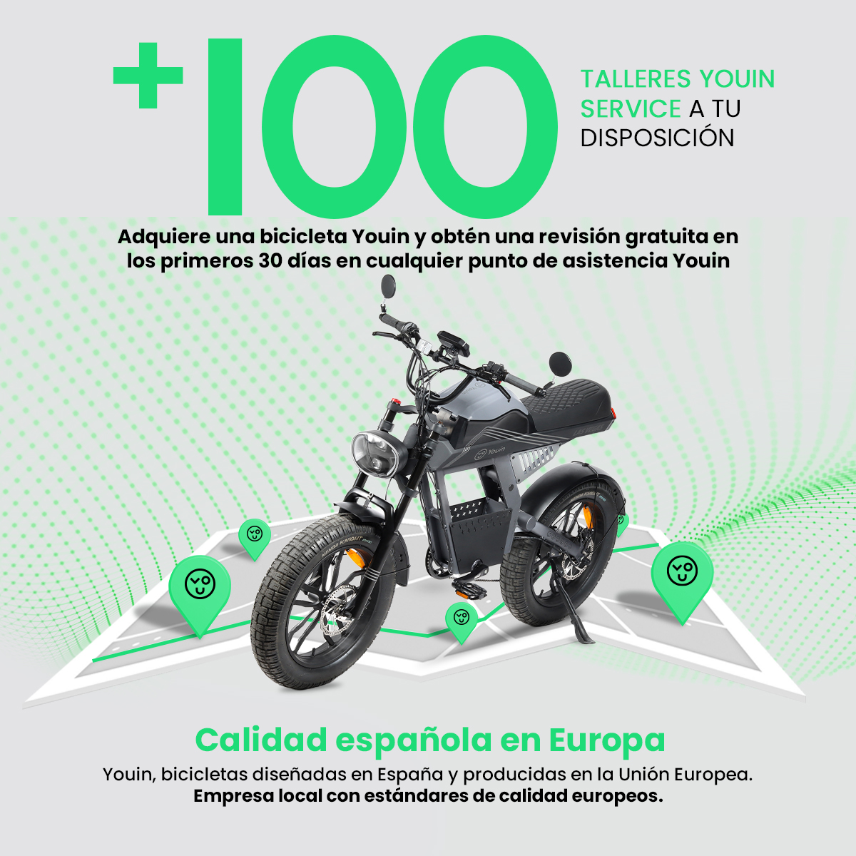 Una bicicleta eléctrica Youin con texto sobre servicio, descuentos y pines de ubicación. Fondo verde y blanco con texto en español.