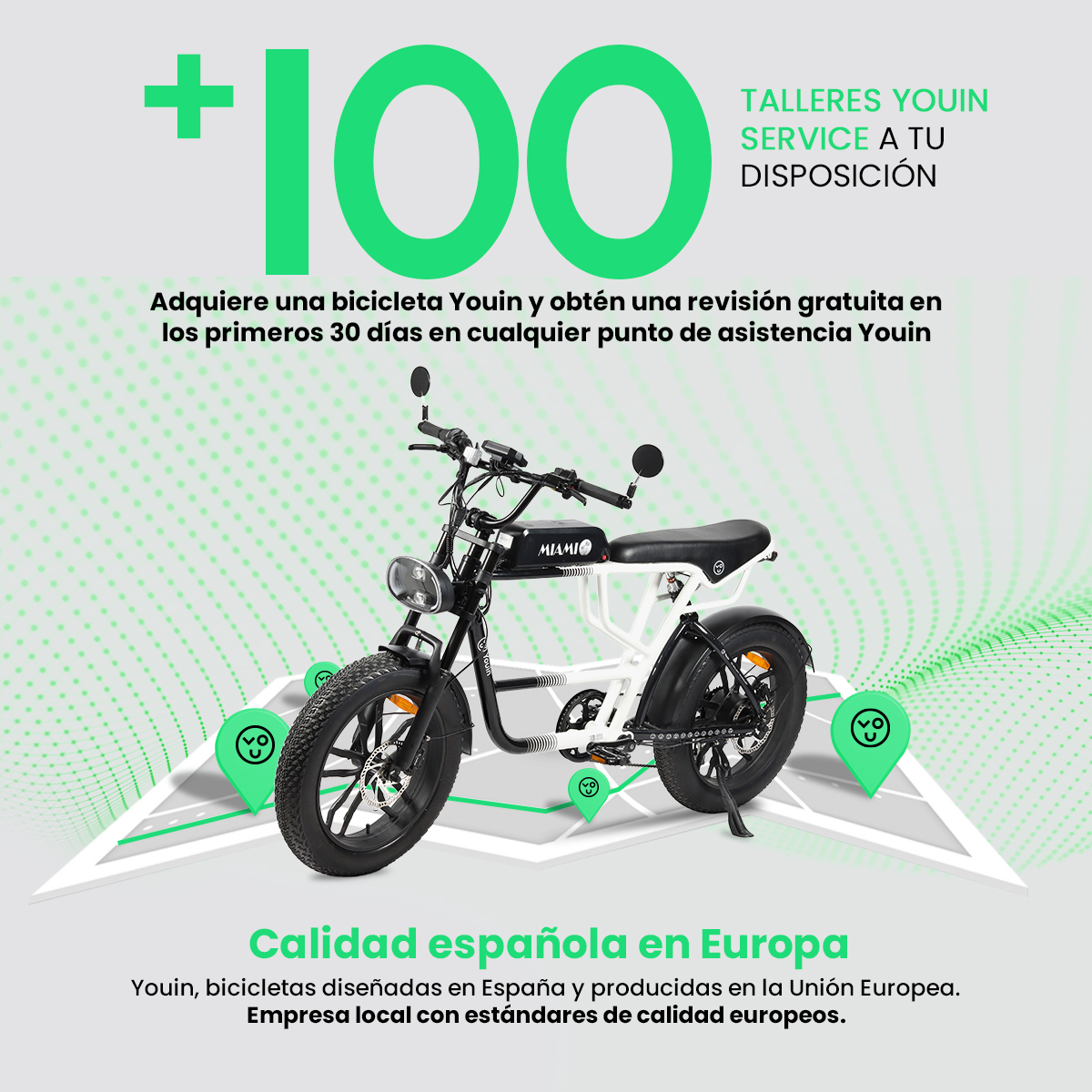 Anuncio de bicicletas Youin. Presenta una bicicleta eléctrica en blanco y negro. El texto incluye '100' y 'Calidad española en Europa'.