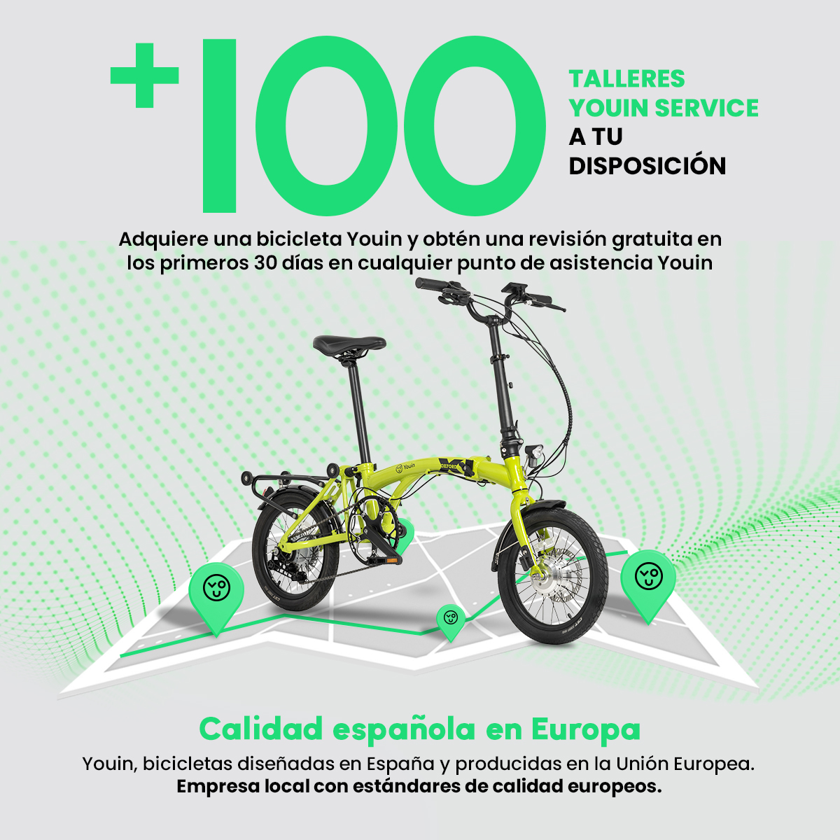 Bicicleta Youin verde sobre un camino blanco. Texto: +100, servicio Youin, calidad española en Europa.