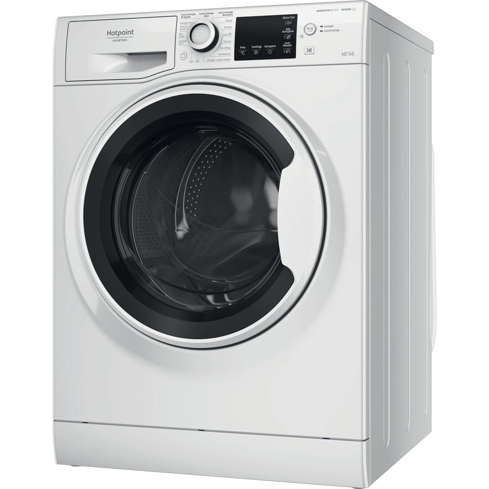 Una lavatrice Hotpoint bianca. Ha una porta nera e un pannello di controllo in alto. La porta è aperta.