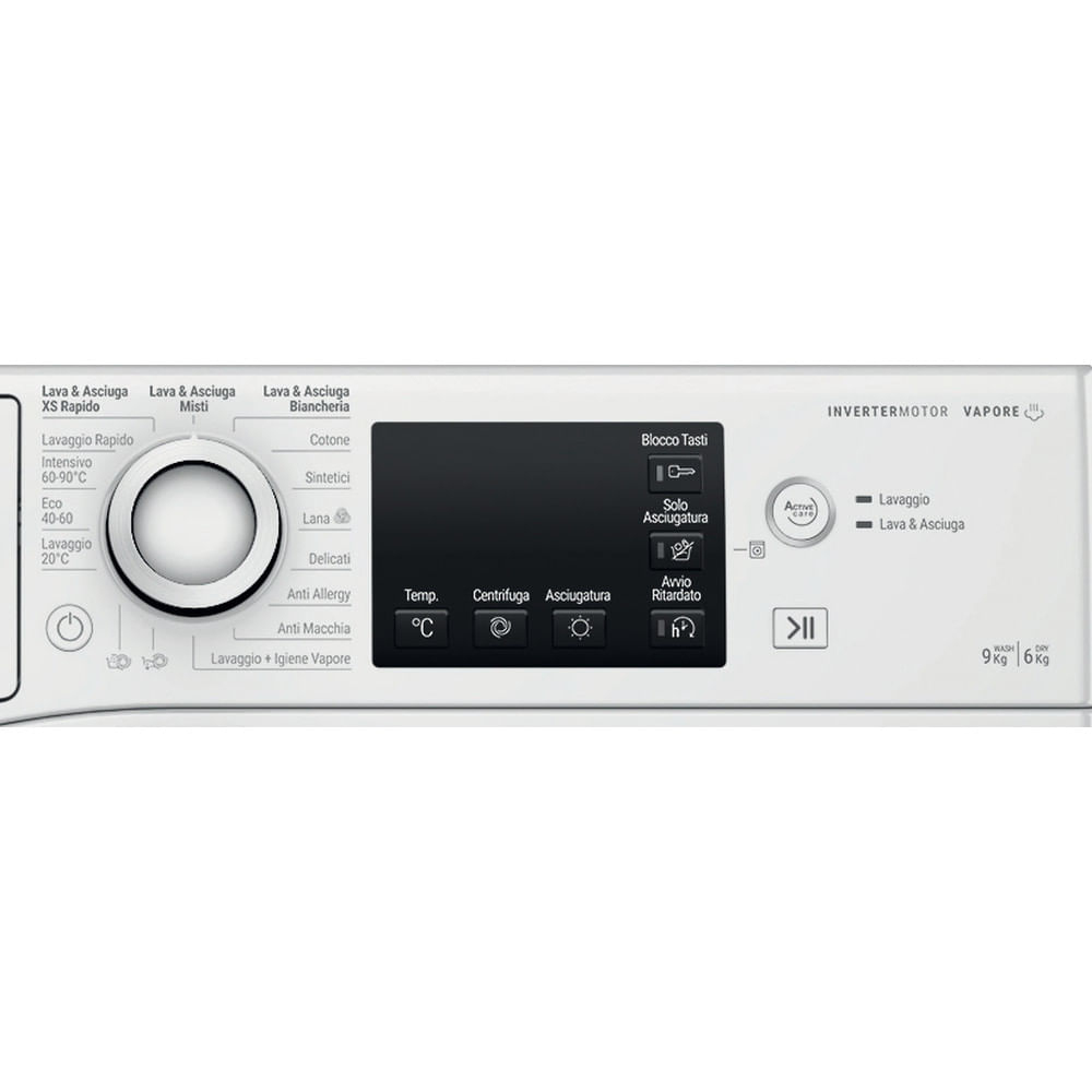 Pannello di controllo lavatrice bianco con manopola, pulsanti e display, con etichette in italiano.