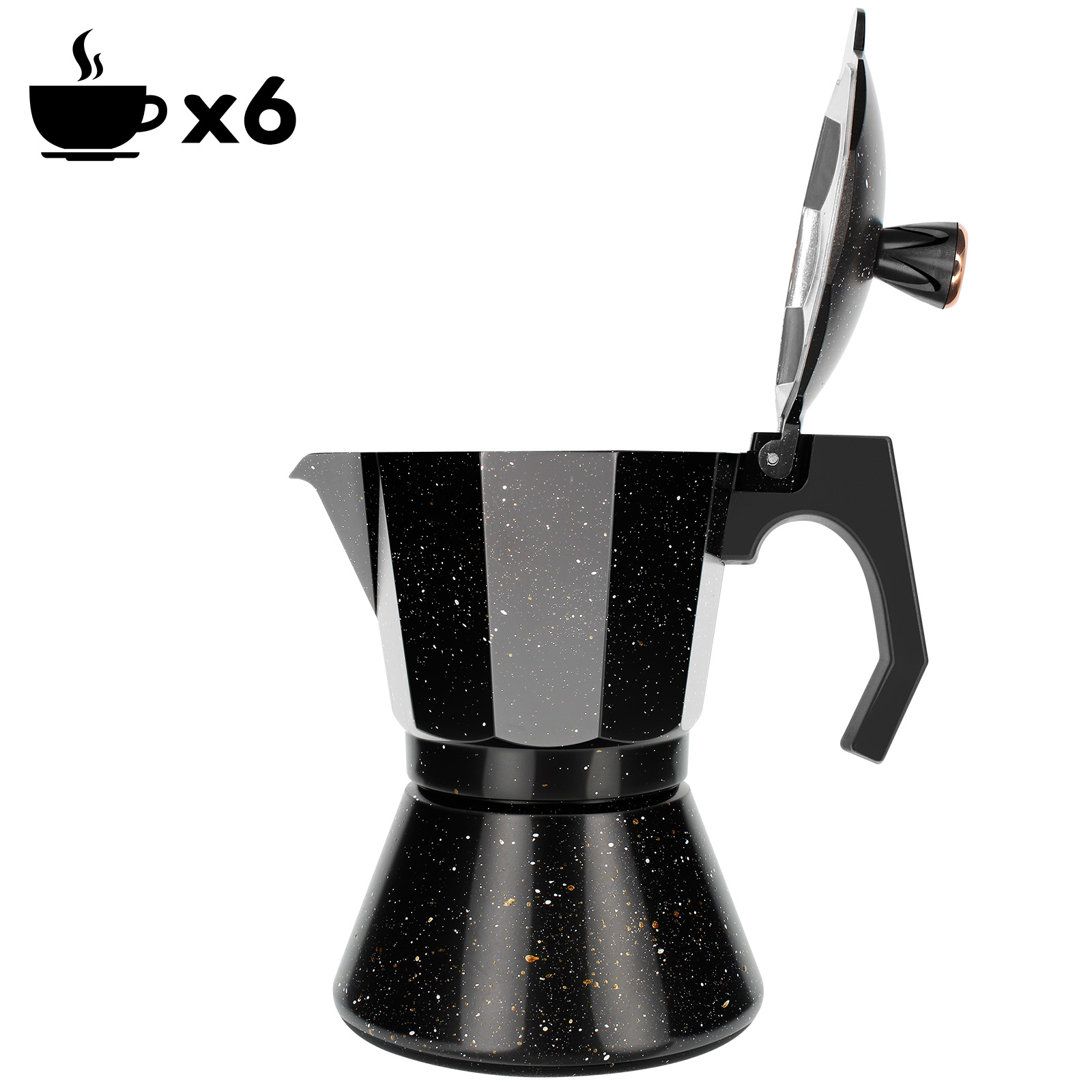 Ein schwarz-grau gesprenkelter Kaffeebereiter mit offenem Deckel. Ein Tassen-Symbol mit Dampf und x6 sind links.