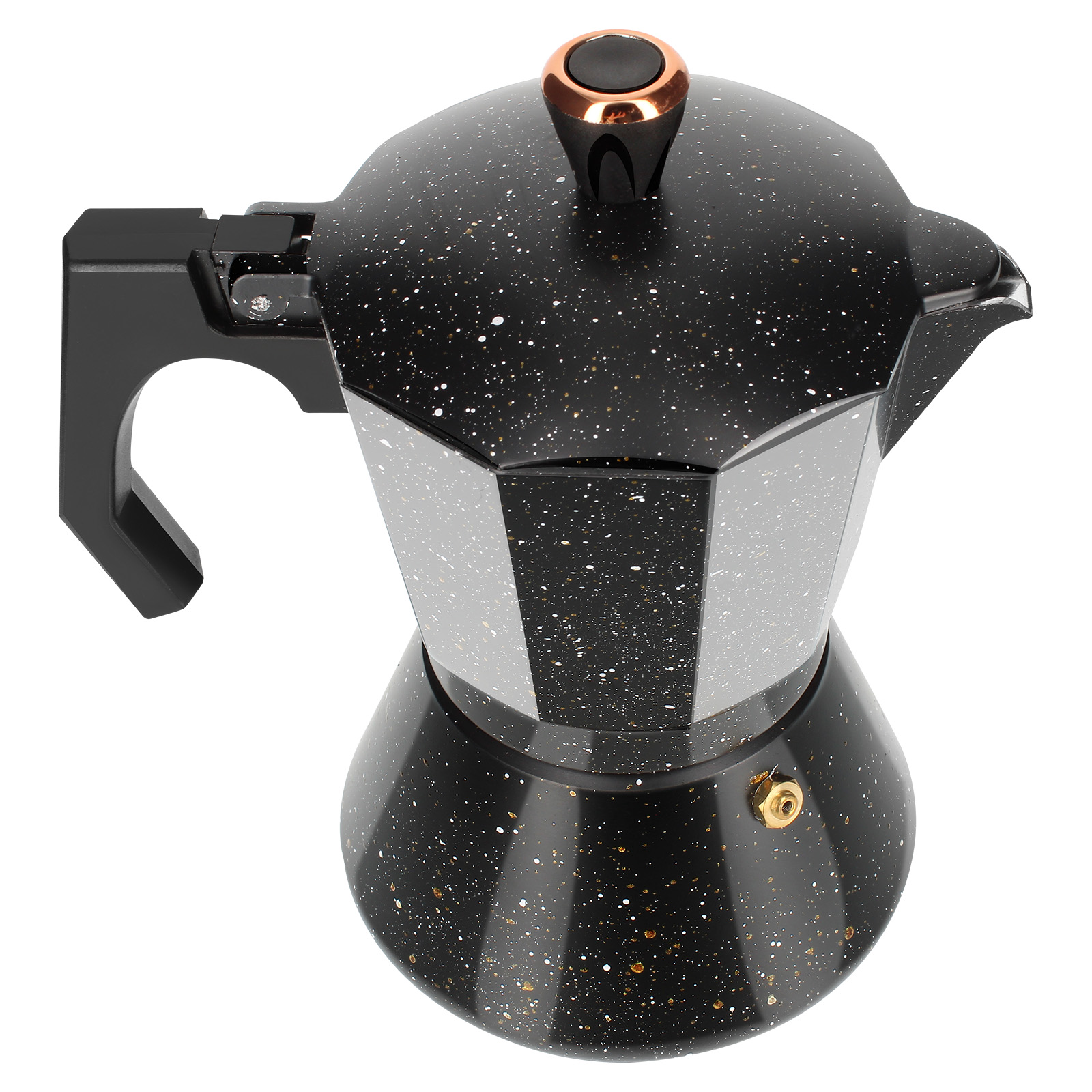 Eine schwarze Mokkakanne mit einem gesprenkelten Muster. Sie hat einen Griff, einen Deckel mit bronzefarbenem Aufsatz und steht auf weißem Hintergrund.