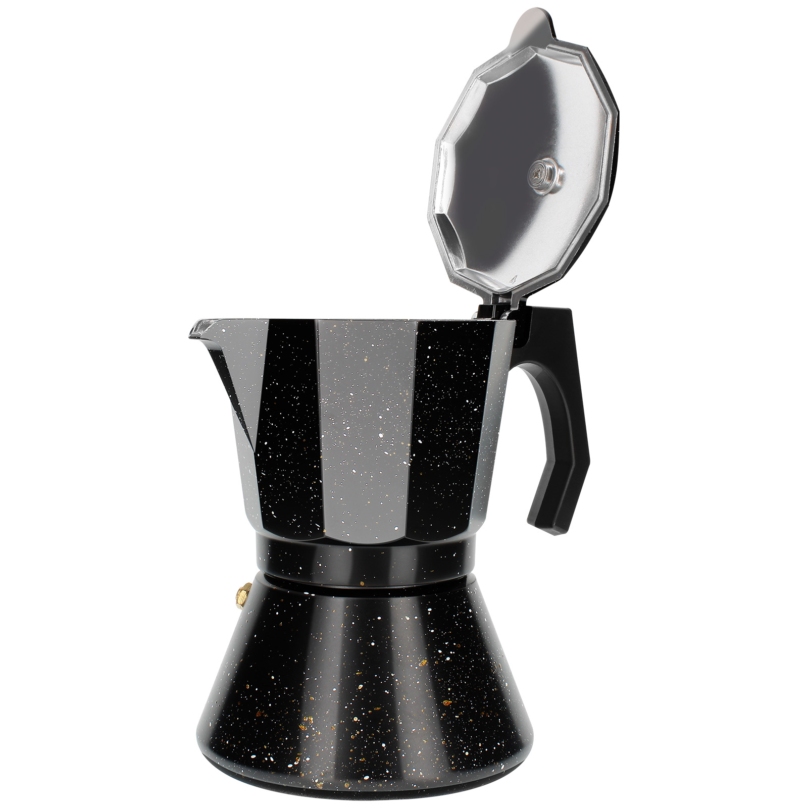 Schwarz-silber gefleckter Espressokocher mit offenem Deckel, schwarzem Griff, auf weißem Hintergrund.