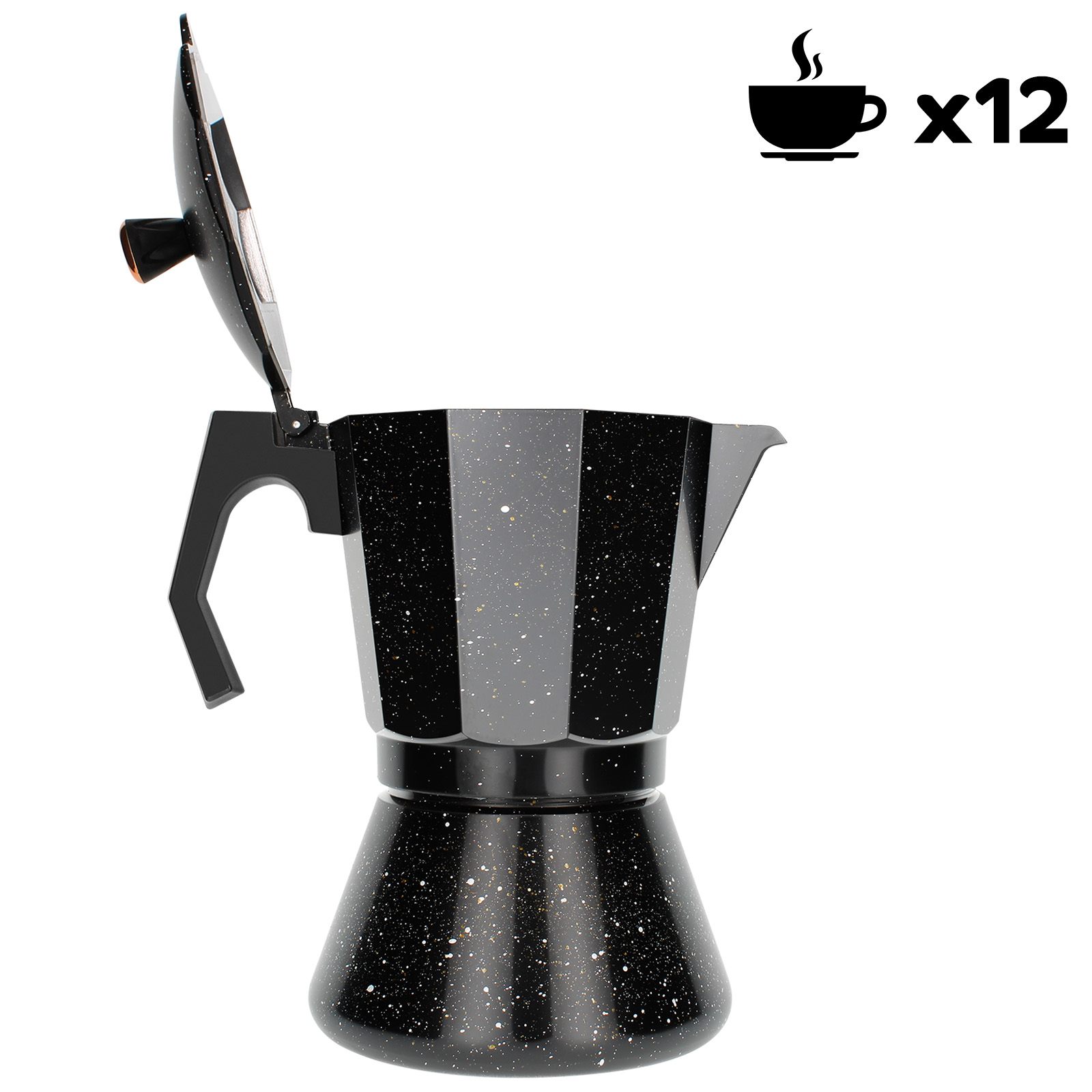 Schwarz gesprenkelter Moka-Kocher, offener Deckel. Kaffeebecher-Symbol x12 in der oberen rechten Ecke.