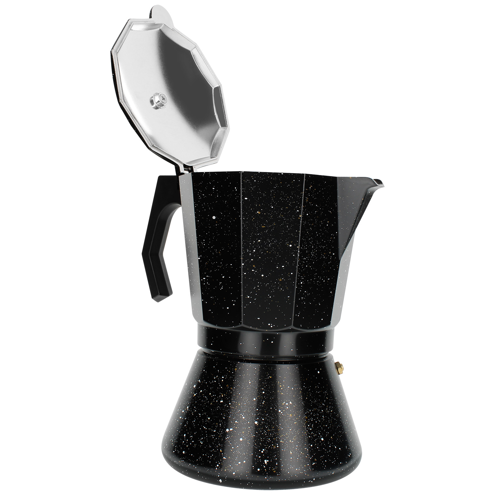 Schwarz gesprenkelte Kaffeemaschine, Deckel offen. Silberner Deckel, schwarzer Griff und Körper. Weißer Hintergrund.
