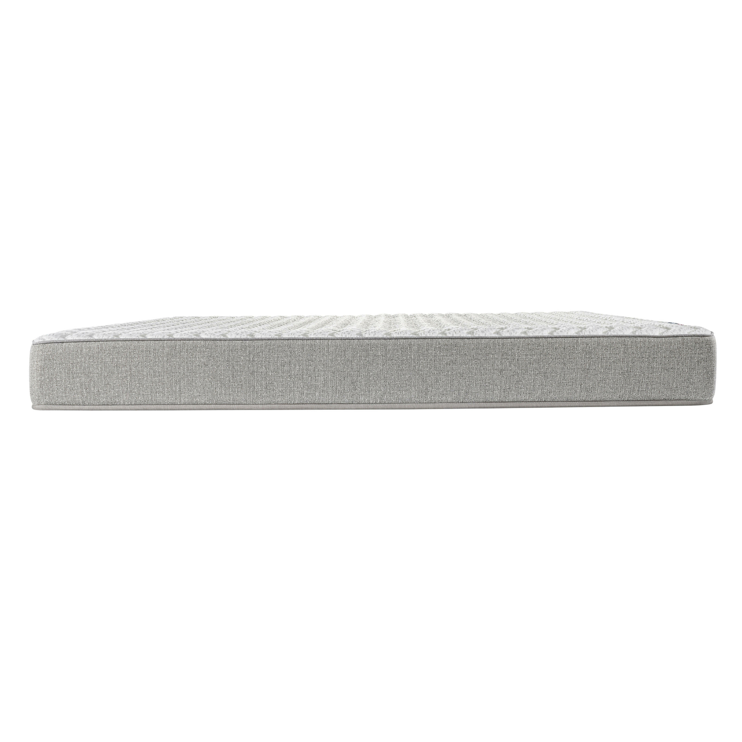 Un colchón gris sobre un fondo blanco. El colchón tiene la parte superior texturizada y paneles laterales grises.