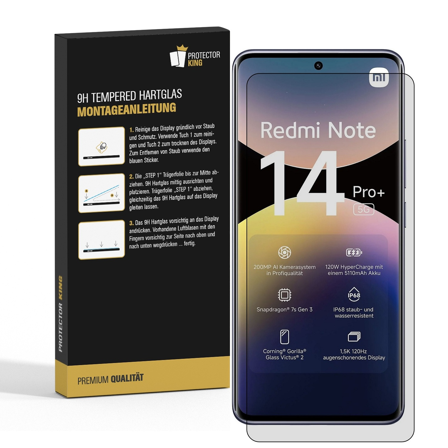 Eine Handy-Displayschutzfolienbox und ein Handy mit angebrachter Displayschutzfolie, mit Produktdetails und Spezifikationen.