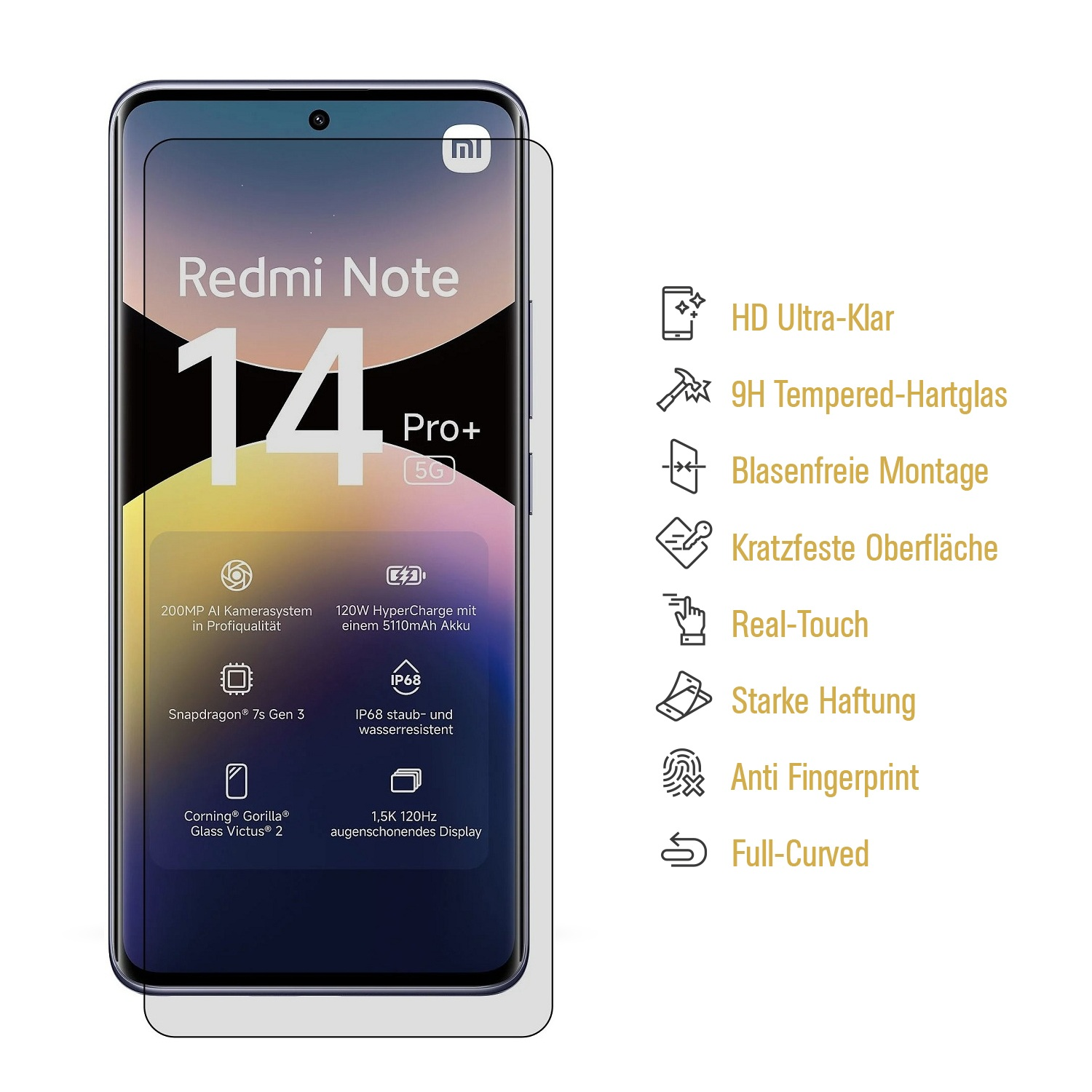 Smartphone mit Displayschutzfolie, Text auf dem Telefon lautet Redmi Note 14 Pro+, zusammen mit Funktionen und Spezifikationen.