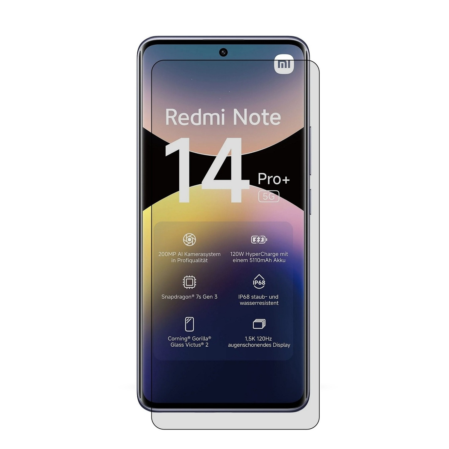 Smartphone mit Displayschutz. Zeigt Redmi Note 14 Pro+ mit Funktionen wie 200MP Kamera, Snapdragon, Schnellladen.