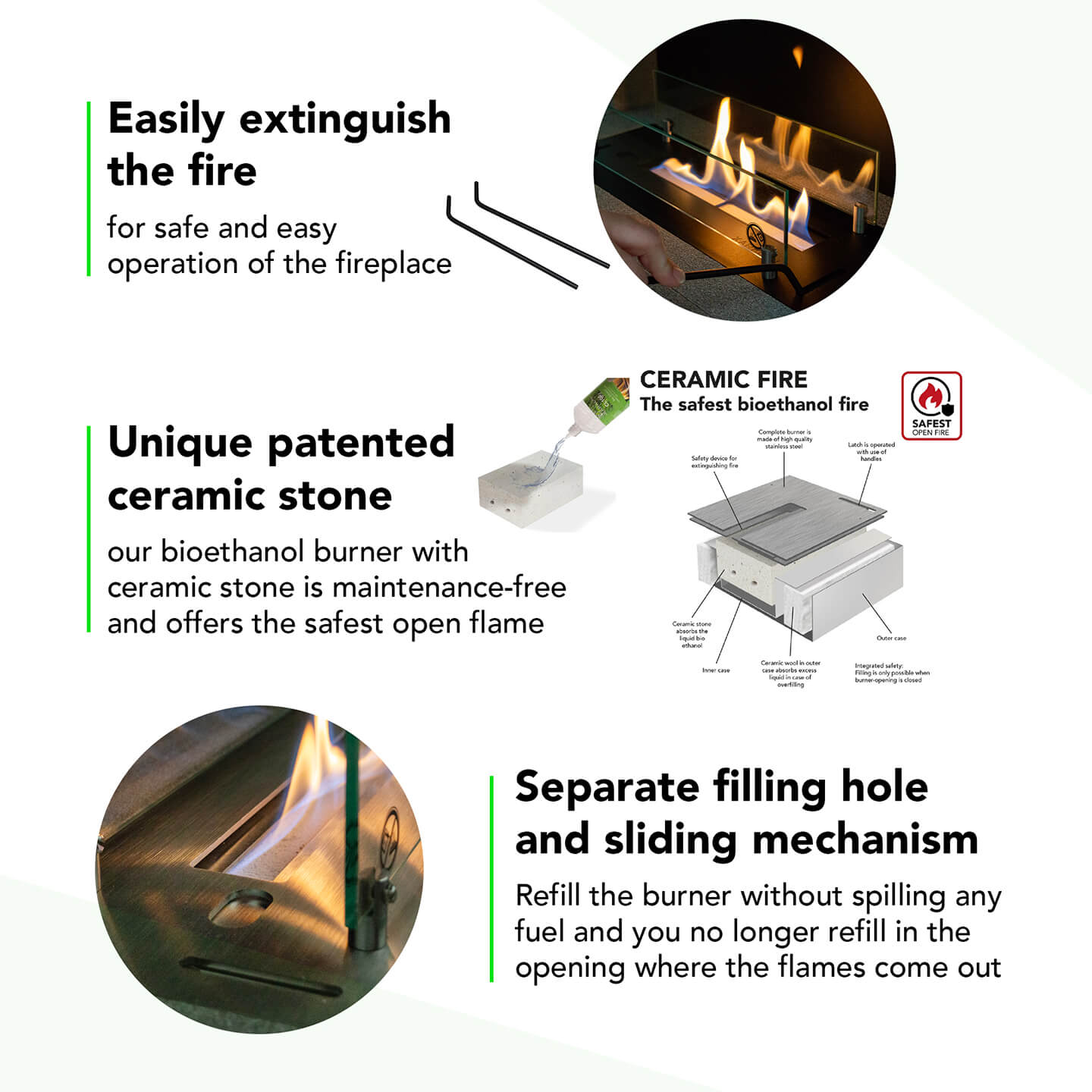 Diagram van een bio-ethanol haard. Details zijn: keramische steen, brander, apart vulgat en veiligheidsfuncties.