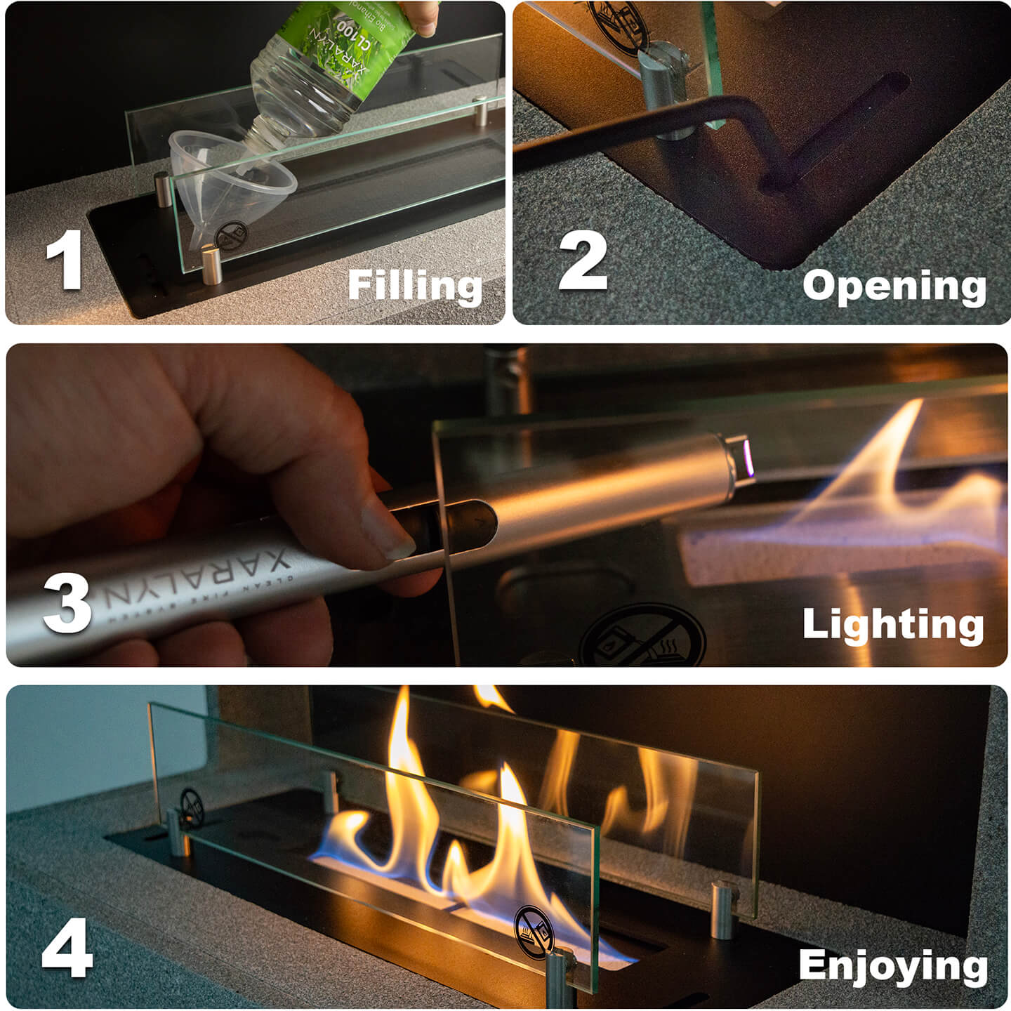 Stappen 1-4: Vullen, openen, aansteken en genieten van een open haard. Inclusief brandstof gieten, een gereedschap gebruiken, aansteken en vlammen.