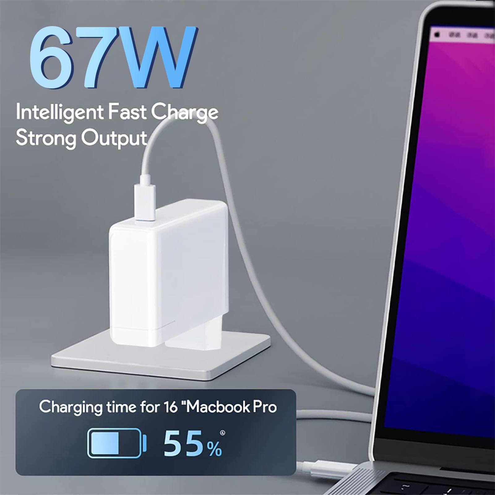 Weißes Ladegerät lädt ein MacBook Pro zu 55 %. Text zeigt 67W, intelligentes Schnellladen, starke Leistung.