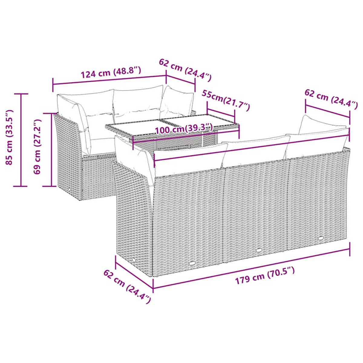 Outdoor-Rattanmöbelset. Enthält Sofa, Loveseat und Tisch mit Abmessungen in Zentimetern und Zoll.