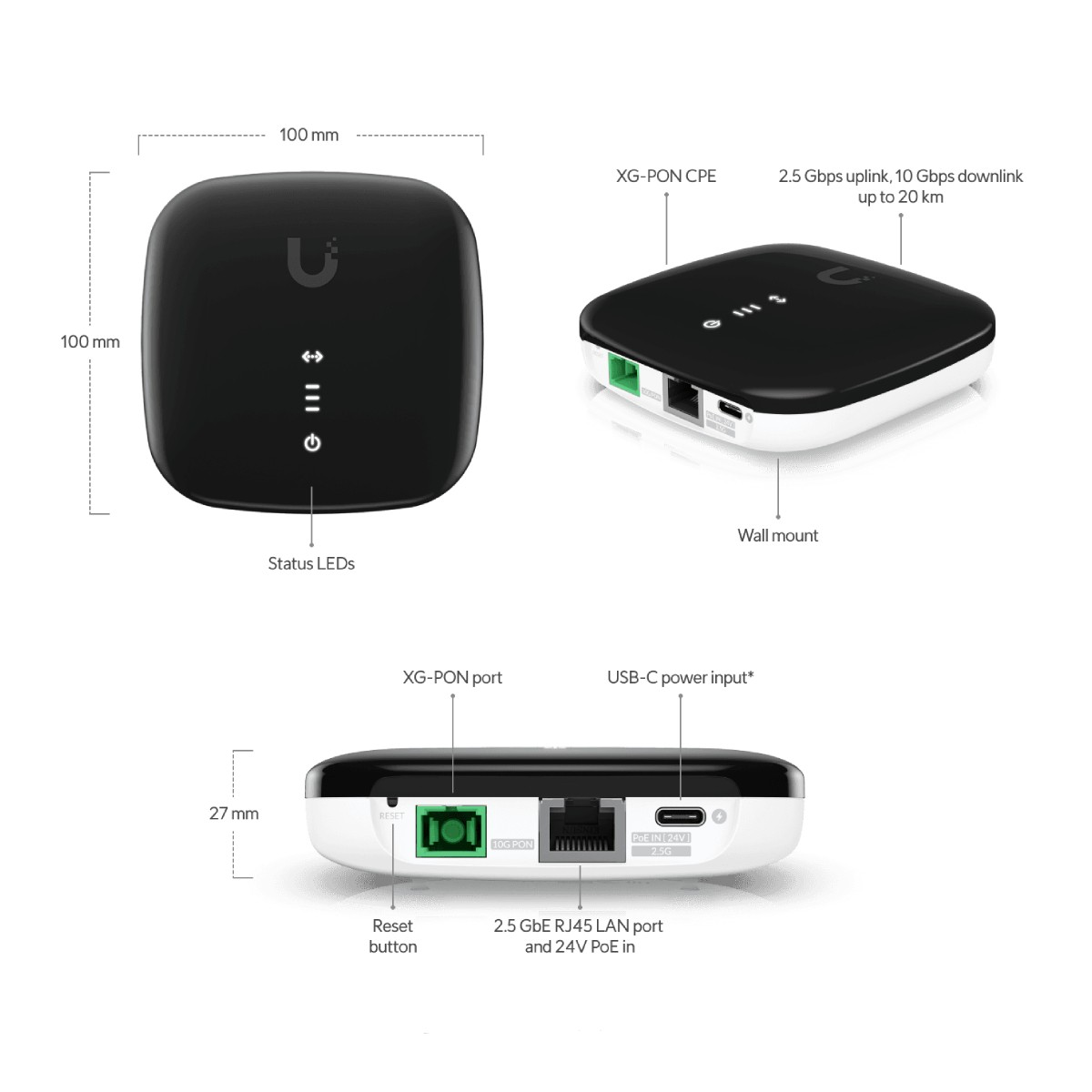 Czarno-białe urządzenie XG-PON CPE z oznaczonymi wymiarami. Posiada diody LED statusu, przycisk reset i różne porty.