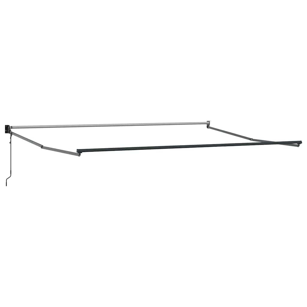 Una tenda da sole aperta, montata a parete. Ha una barra superiore argentata, un telaio inferiore nero e una manovella sul lato sinistro.