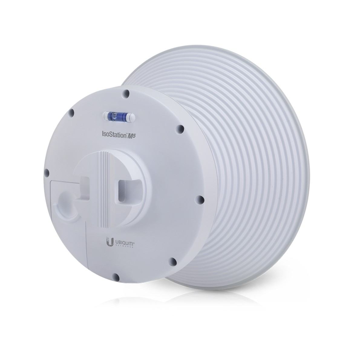 Antenna Wi-Fi IsoStation M5 bianca. Ha un design circolare, con un riflettore scanalato e un componente di montaggio centrale.