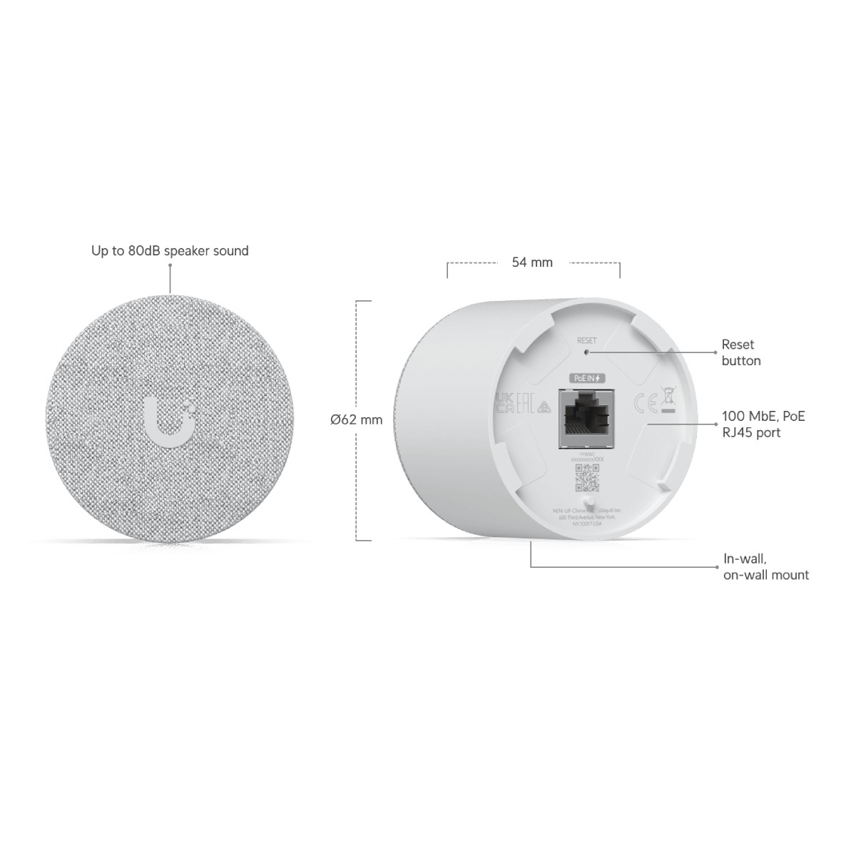 Altoparlante bianco dal design circolare, con pulsante di reset, porta RJ45 e montaggio a parete.
