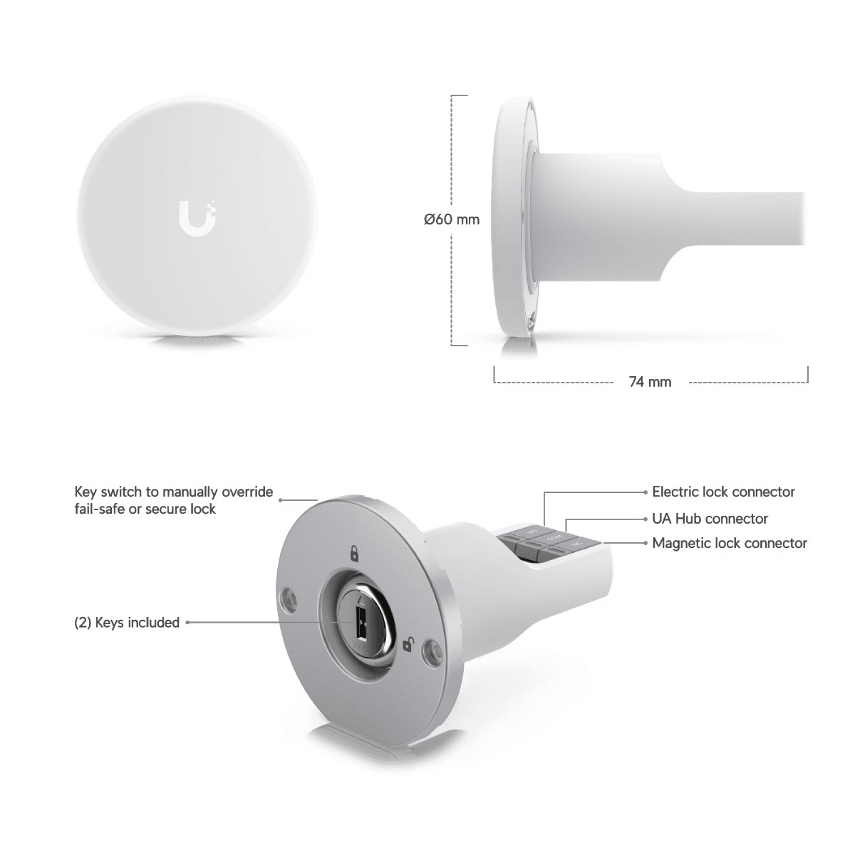 Diagramma di un dispositivo bianco con dimensioni. Include un interruttore a chiave, connettori e una chiave. Le etichette mostrano le funzioni.