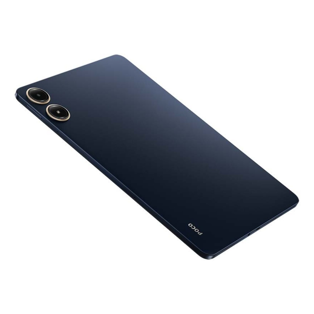 Retro di smartphone blu scuro con due lenti della fotocamera. Logo POCO visibile. Sfondo bianco.