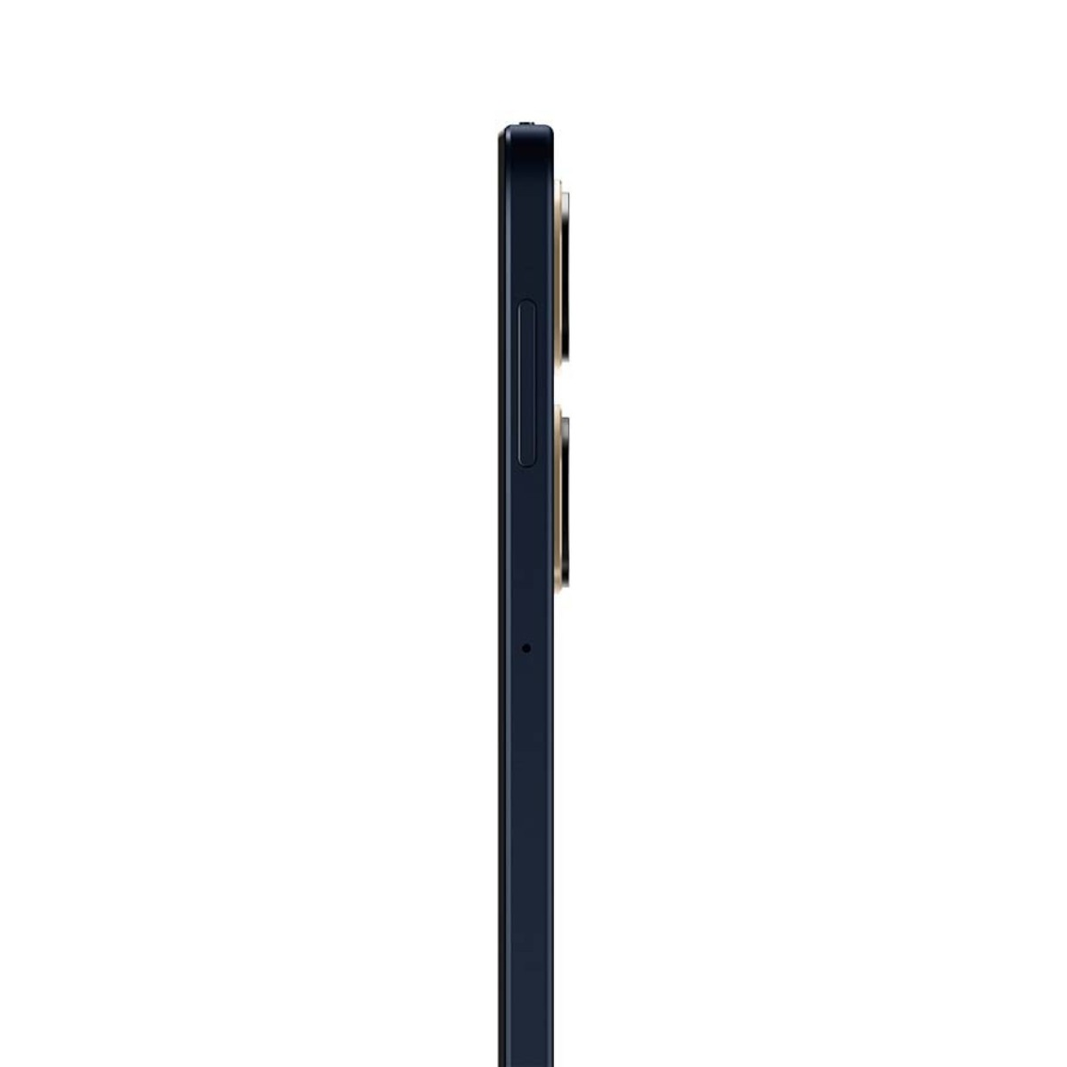 Vista laterale di uno smartphone blu navy con lenti della fotocamera e pulsante del volume. Sfondo bianco.