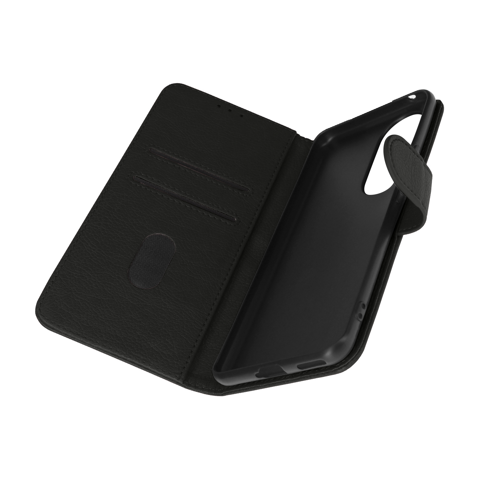 Custodia per telefono nera aperta, che rivela il supporto del telefono e gli slot per le carte. La custodia è simile alla pelle e ha una chiusura magnetica.