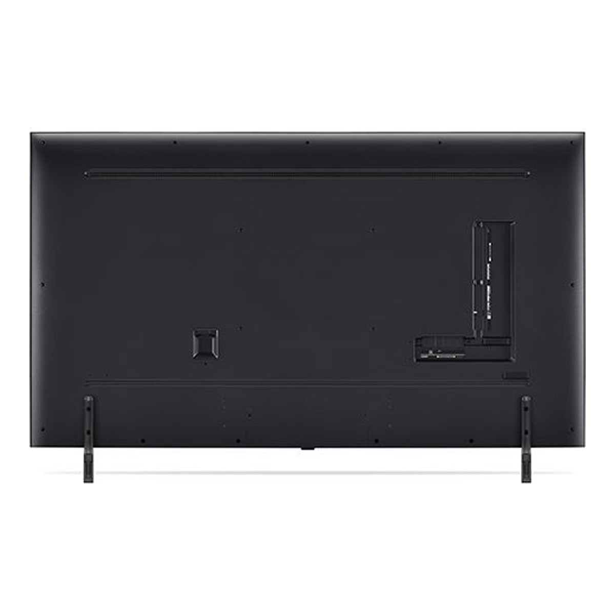 Widok z tyłu czarnego telewizora. Posiada porty, nóżki i centralny wspornik montażowy. Tło jest białe.