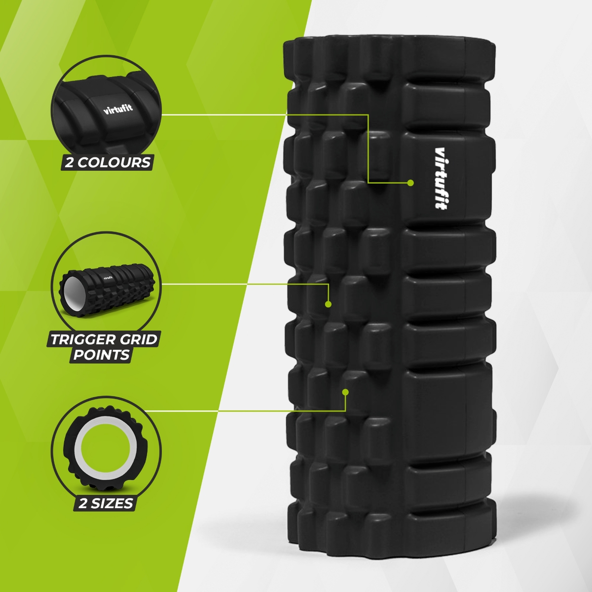 Schwarze Faszienrolle mit Trigger Grid Points und Virtufit-Logo. Enthält 2 Farben, 2 Größen. Weißer Hintergrund.