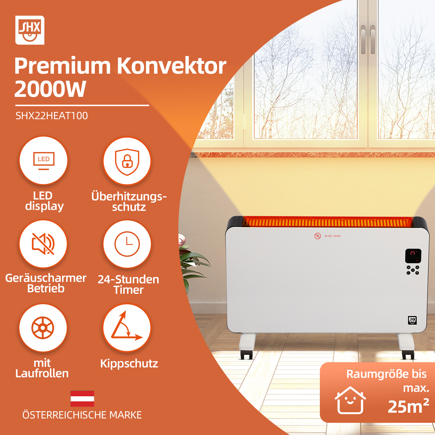 Weißer SHX 2000W Heizlüfter mit Digitalanzeige, Symbolen und Text. Fenster mit Sonnenlicht im Hintergrund.